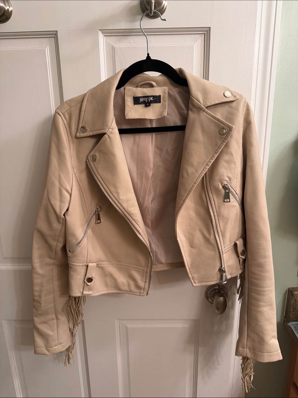 Nasty Girl Beige Faux-Leather Moto Jacket with Fringe